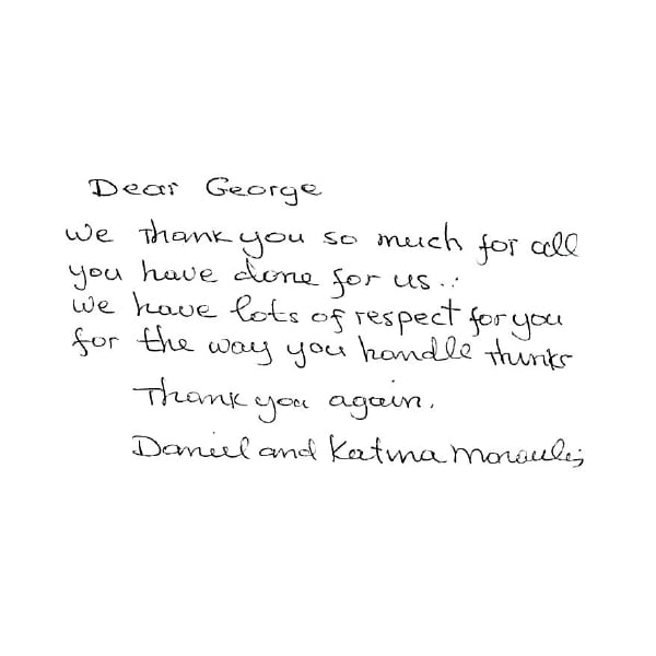Handwritten thank you card from a grateful client.